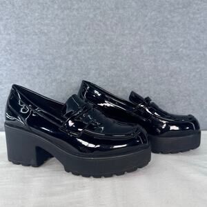 Cuccoo Women's sz 38 (US 7) Platform Patent Black Chunky Heel Loafer BusChic